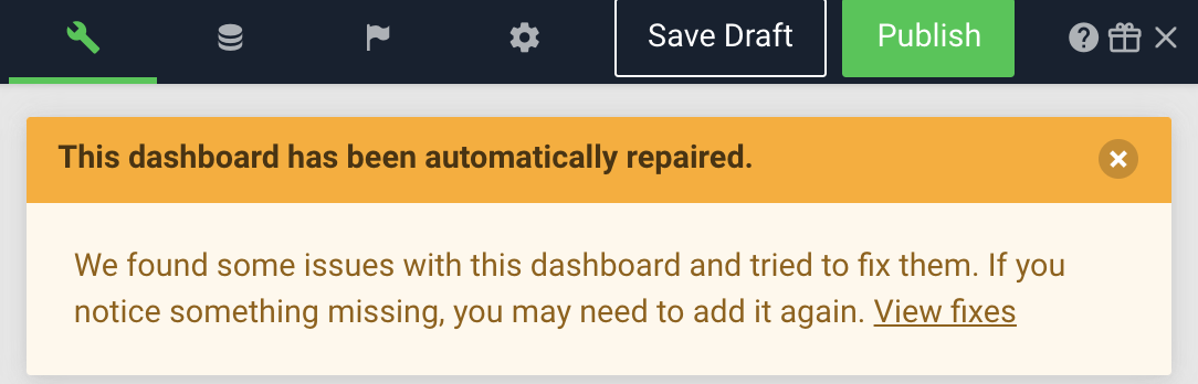 A screenshot showing an example of the repair notification that appears after a dashboard has been automatically repaired