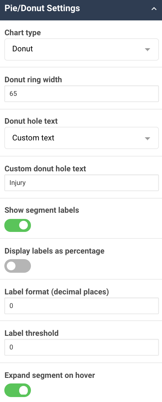 A screenshot showing an example of the pie/donut chart settings properties for the pie/donut chart widget