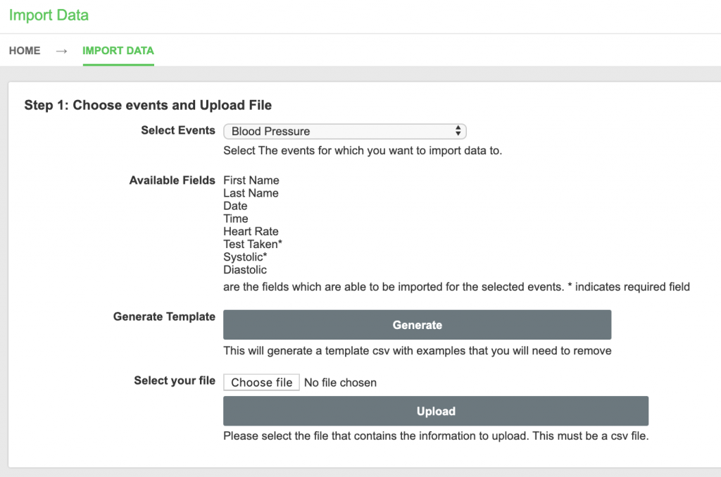 A screenshot of the import data tool event form selection and template generation process