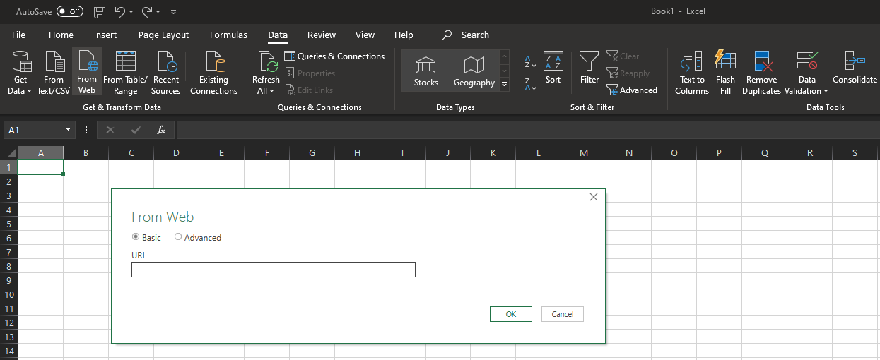 Screenshot showing how to set up an excel live report using Excel for Windows