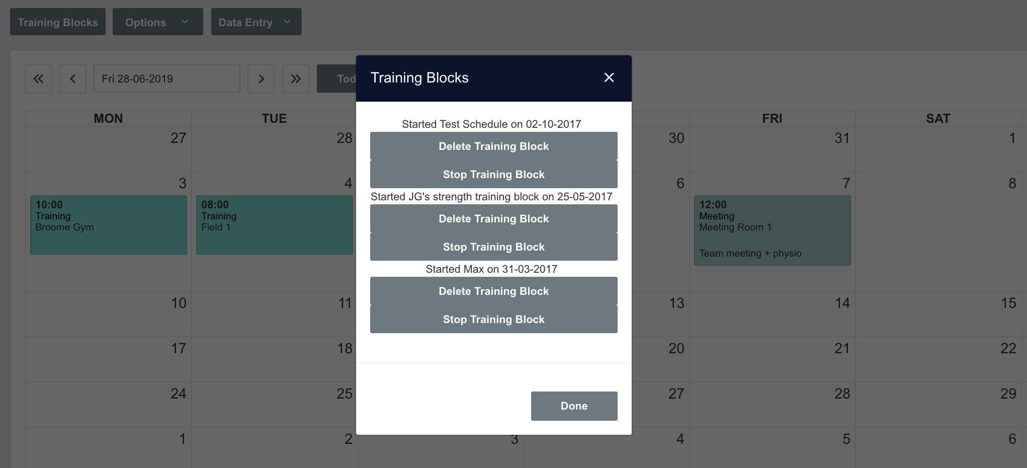 A screenshot showing an example of all training blocks that are active for a particular athlete when viewing the athlete's calendar