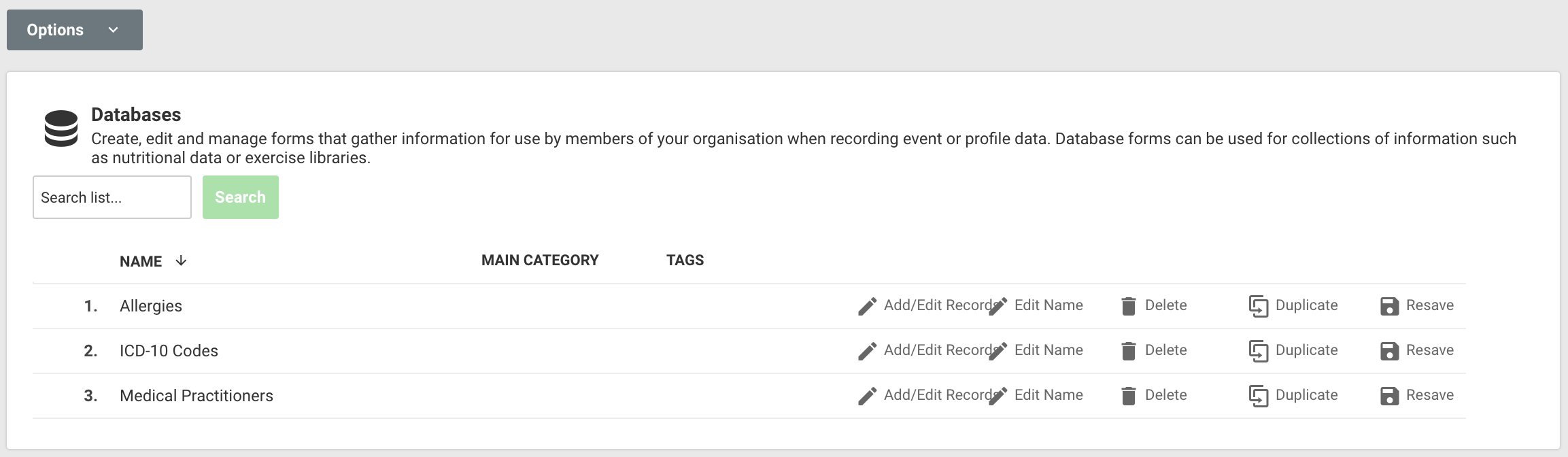 A screenshot showing an example of the database forms tool with three database forms