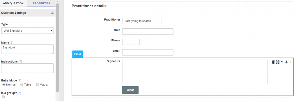 Screenshot of the wet signature field in Smartabase