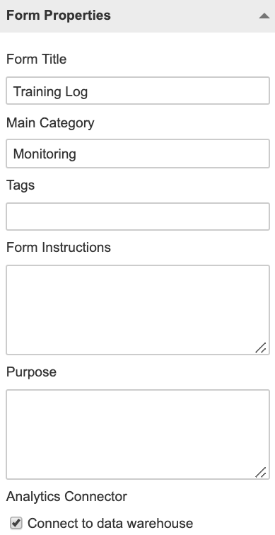 A screenshot showing the form property that enables synchronisation of an event form with your data warehouse