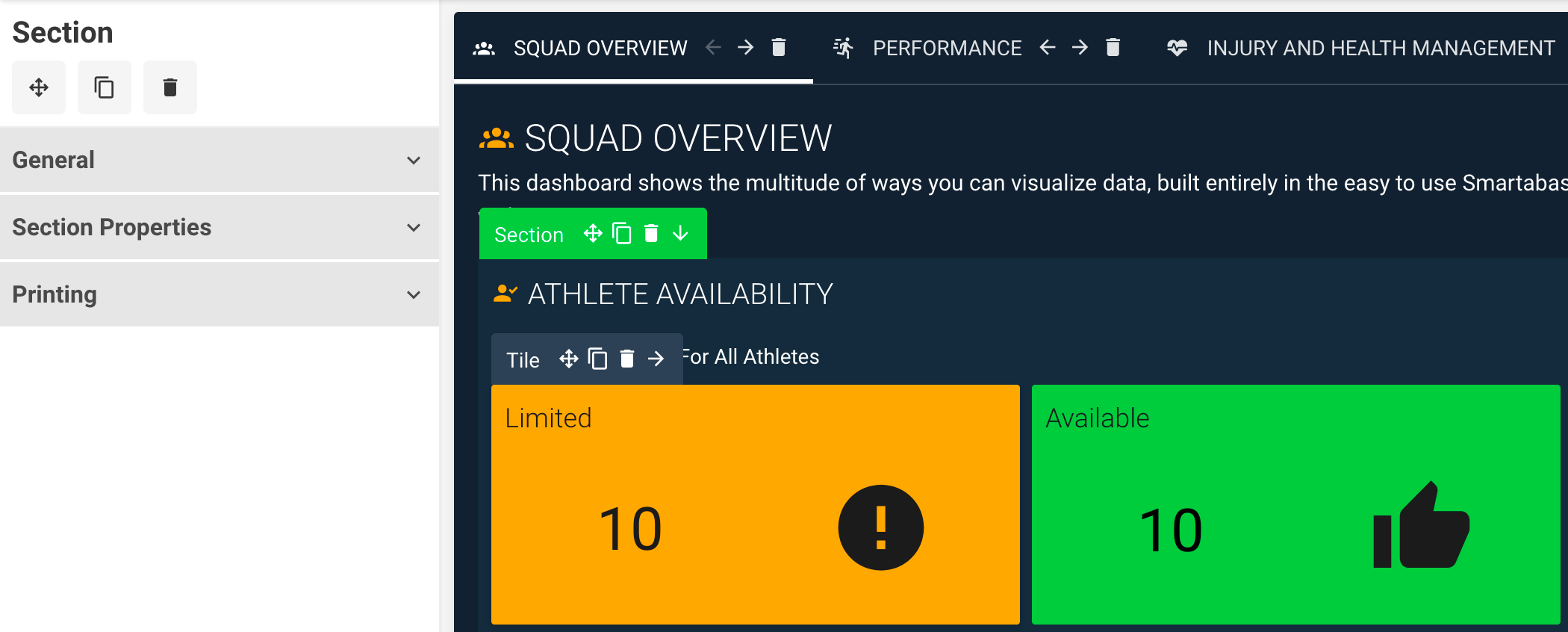 Screenshot showing the move button of a widget and section in a dashboard