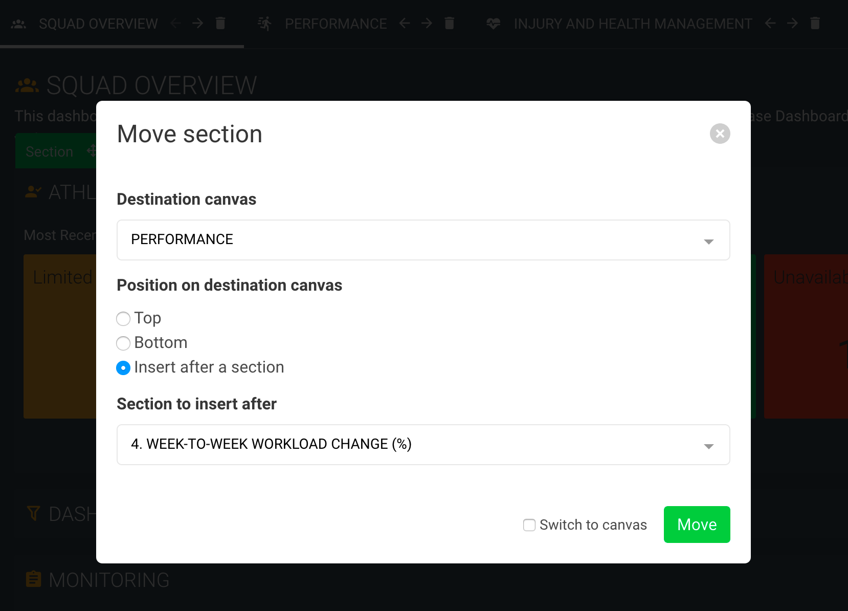 Screenshot showing the options to move a section into another canvas of the dashboard builder