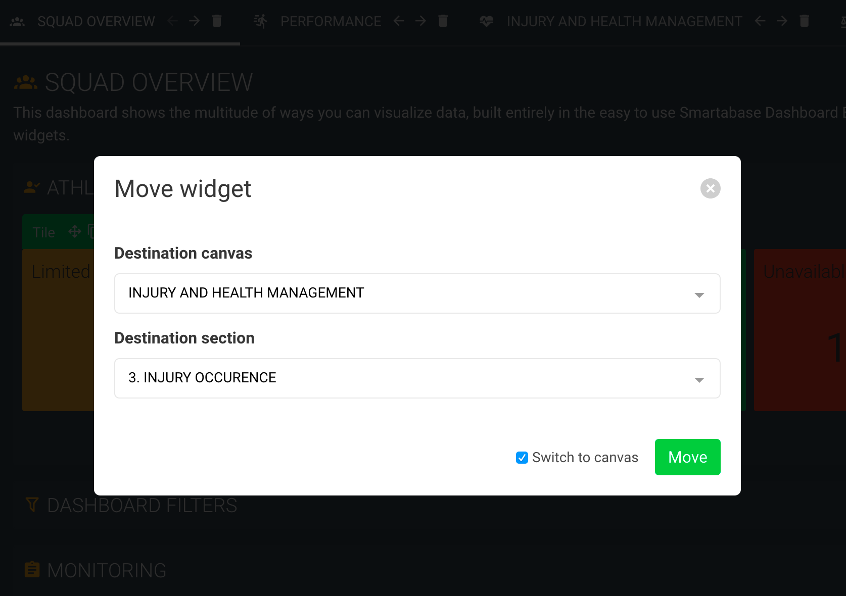 Screenshot showing the options to move a widget into another canvas of the dashboard builder