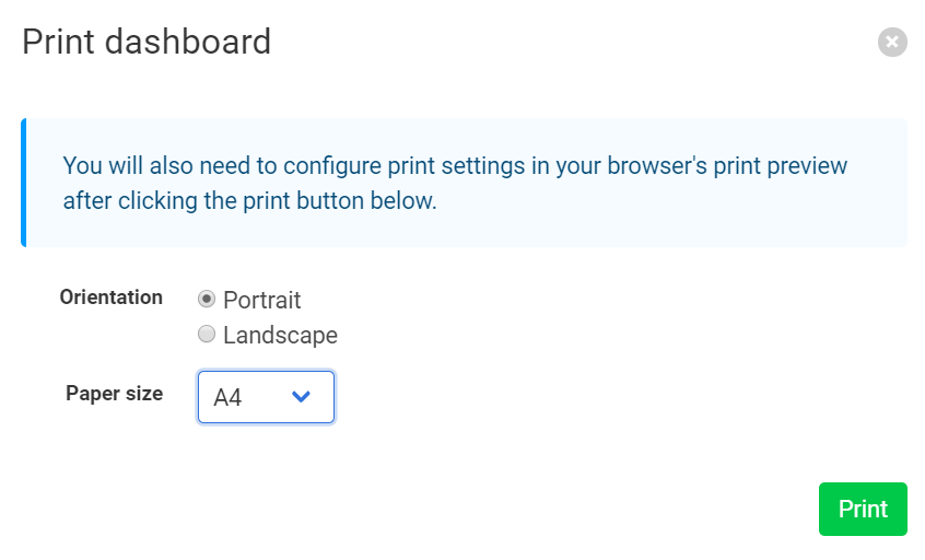 Screenshot showing a popup for printing canvases in the dashboard builder 