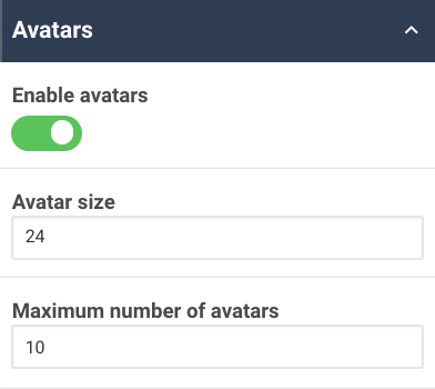 A screenshot showing an example of the avatars properties of the aggregation table widget