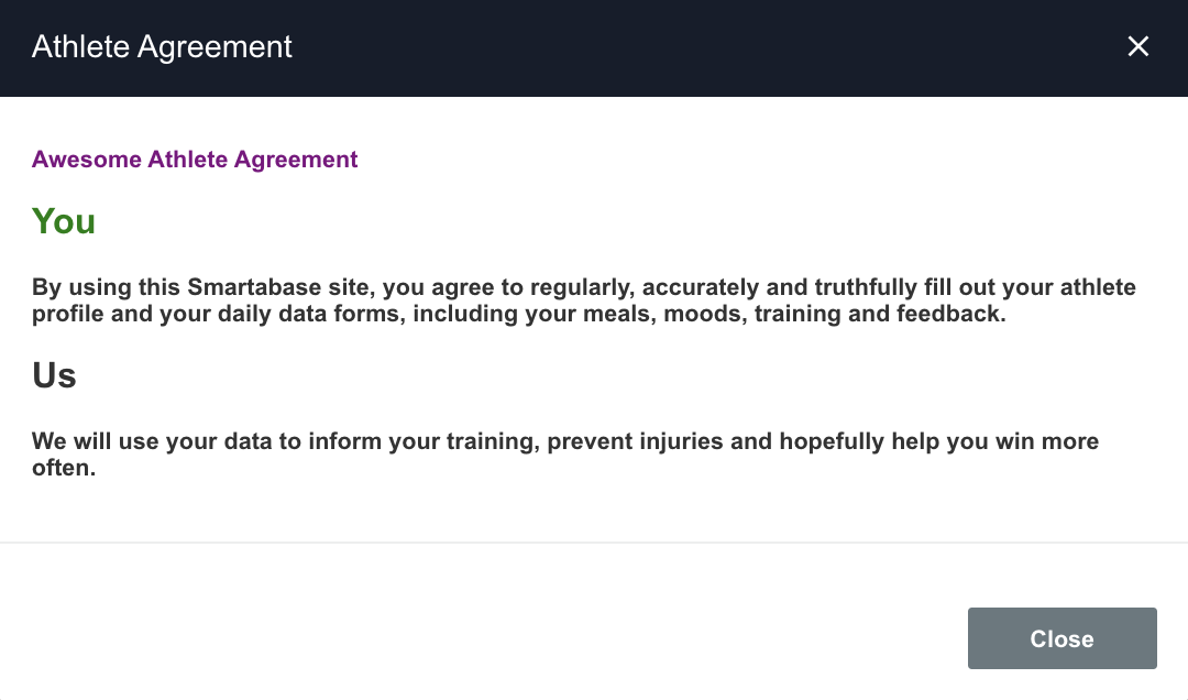 A screenshot showing an example of the terms an athlete might see when reviewing their consents from their user account