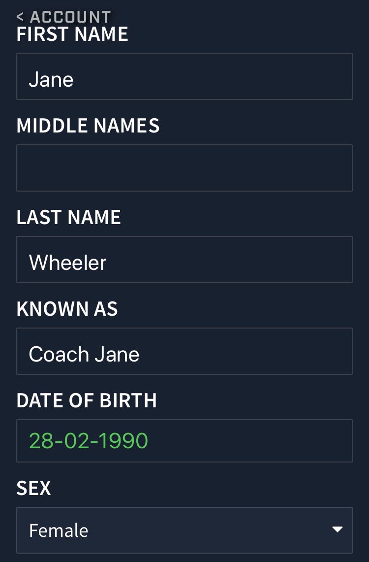 A screenshot showing an example from the account details screen in the Smartabase Athlete app
