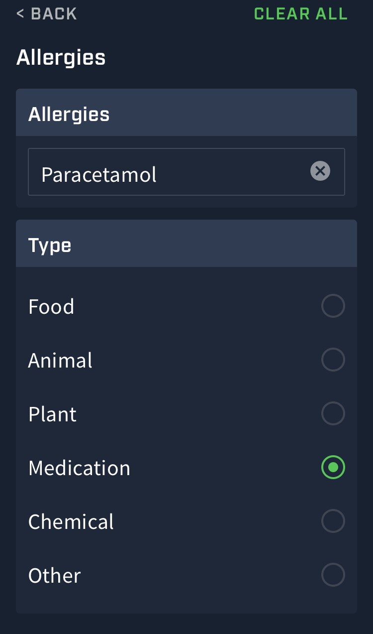 A screenshot of the grouping feature (allergy type) for a database field (allergy)