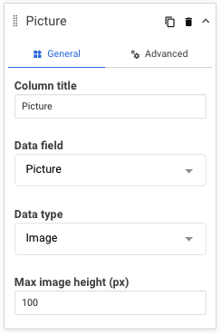 A screenshot showing an example of the image data type being used for a column in a table widget