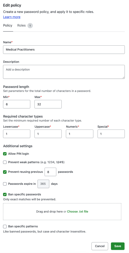 A screenshot showing an example of a password policy created by an administrator using the password policy tool