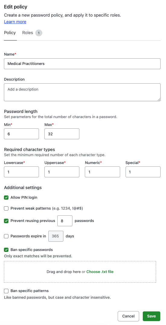 A screenshot showing the options available when setting up a password policy.