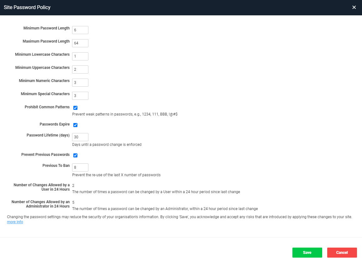 A screenshot showing an example of a site-wide password policy