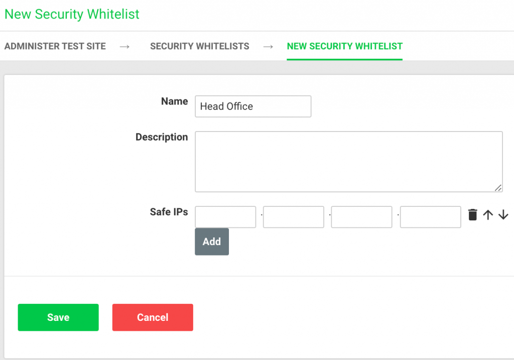 A screenshot showing an example of the security whitelist tool for Smartabase administrators