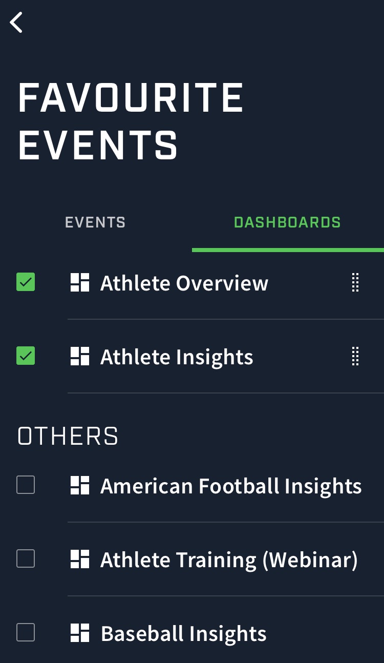 A screenshot from the Smartabase Athlete app showing an example of the screen for editing favourite events and dashboards