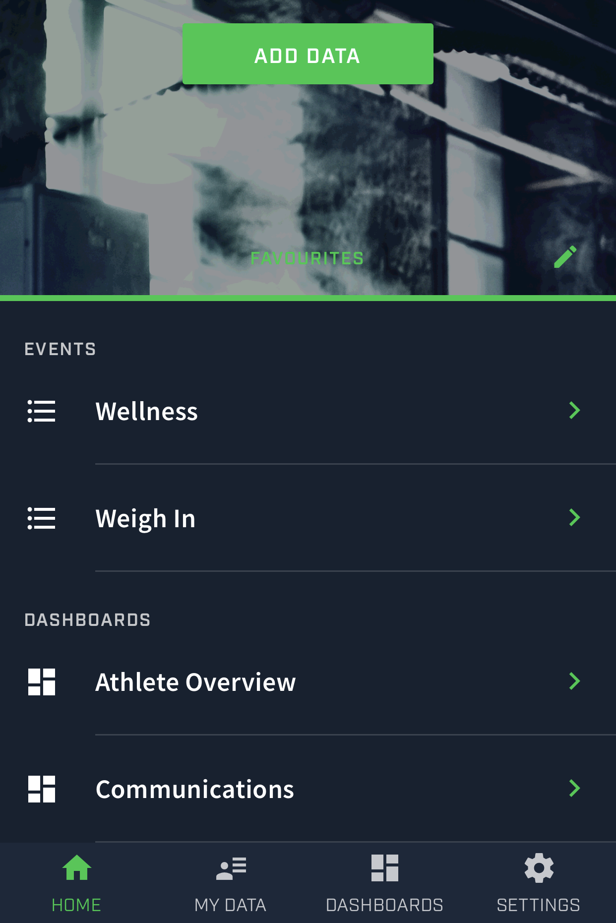 A screenshot from the Smartabase Athlete app showing an example of home screen with favourite events and dashboards available