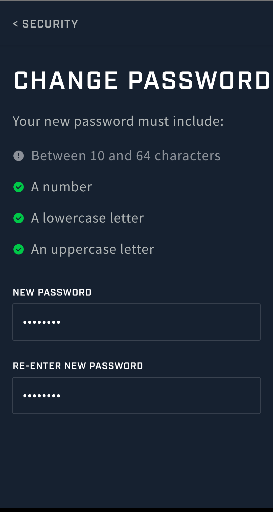 A screenshot from the Smartabase Athlete app showing an example of the password reset screen and password criteria