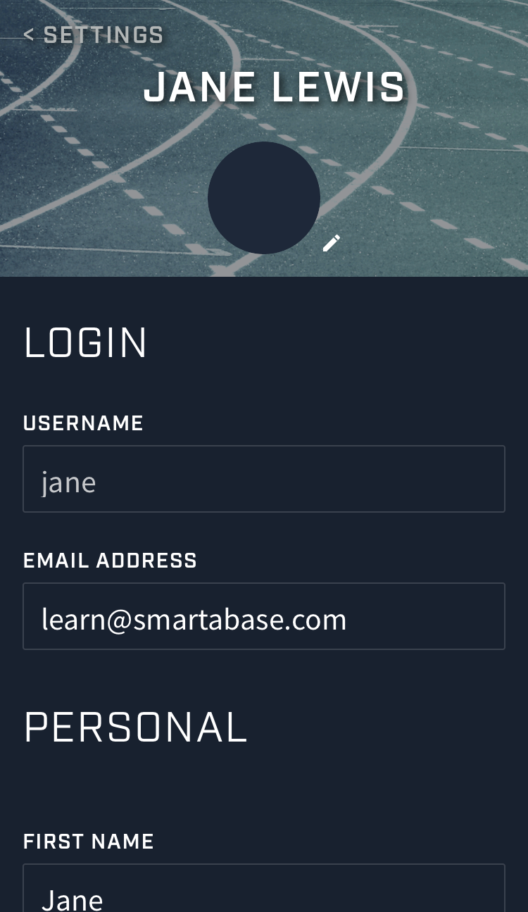A screenshot from the Smartabase Athlete app showing an example of the account screen when no profile picture has been added