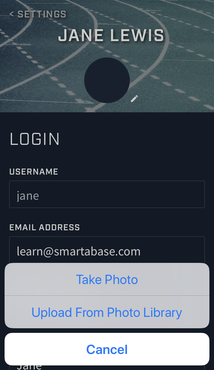 A screenshot from the Smartabase Athlete app showing an example of the account screen when the profile picture edit icon has been selected