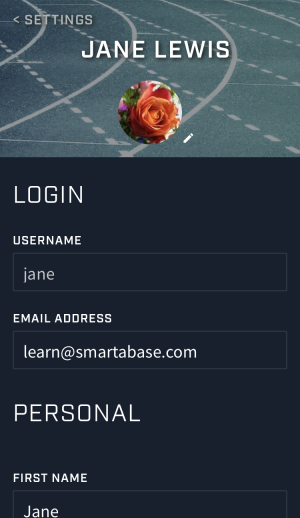 A screenshot from the Smartabase Athlete app showing an example of the account screen when a profile picture has been added