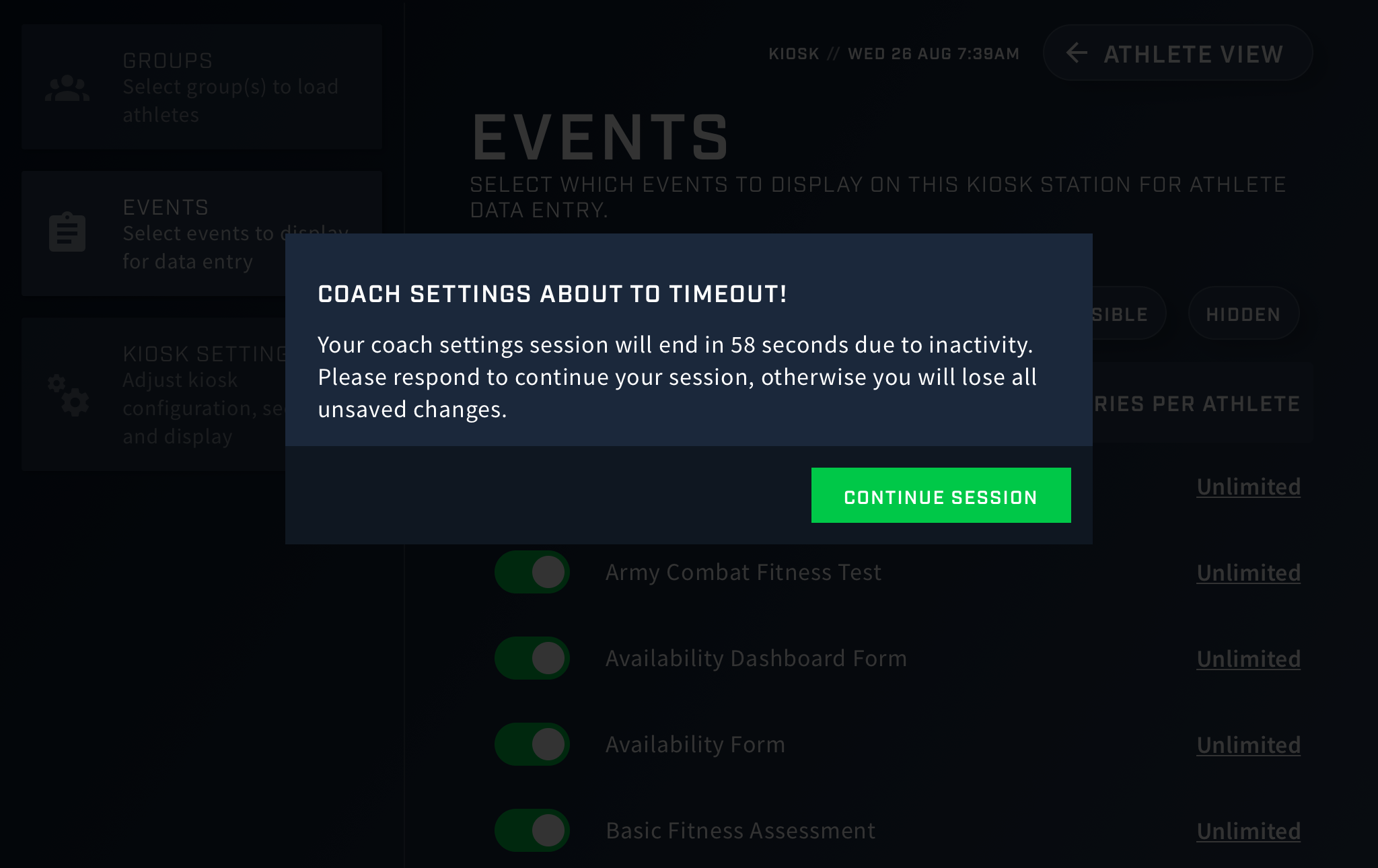 A screenshot from the Smartabase Kiosk app showing an example of the time out warning message in the coach settings screen