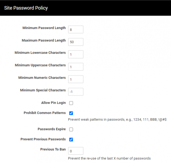 Screenshot showing all options available when setting up a password policy.