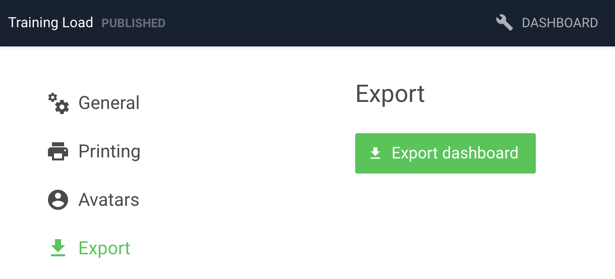 A screenshot of the export dashboard function in the dashboard builder.