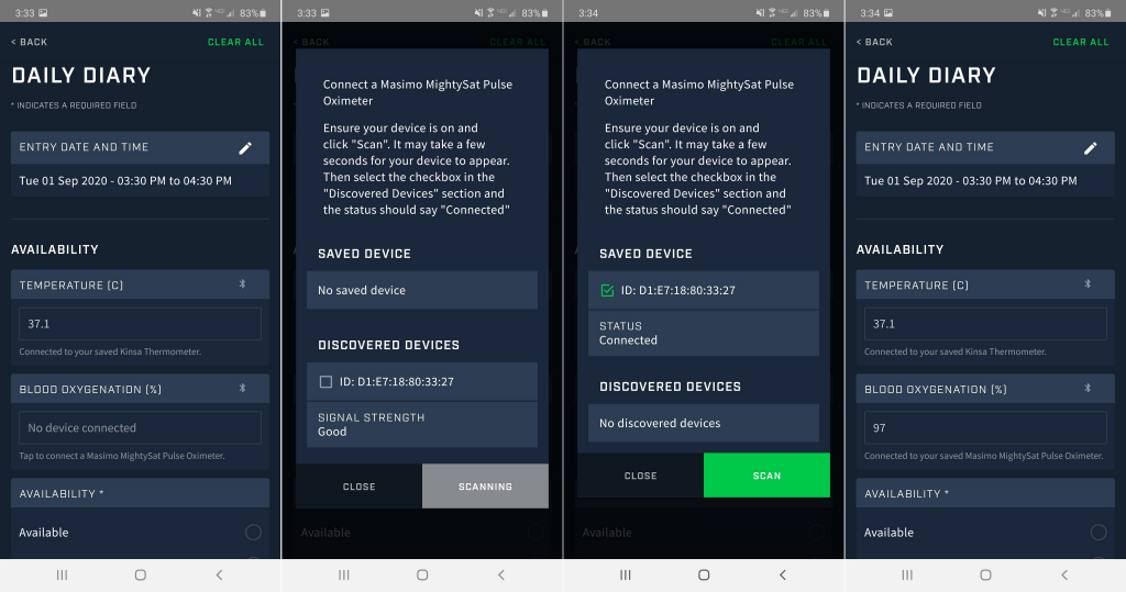 A screenshot showing the steps involved with adding a bluetooth device via the Athlete app.
