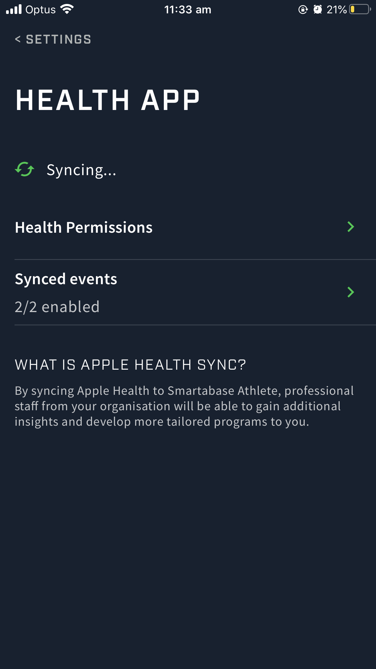 A screenshot showing the Health App settings screen on the Athlete app