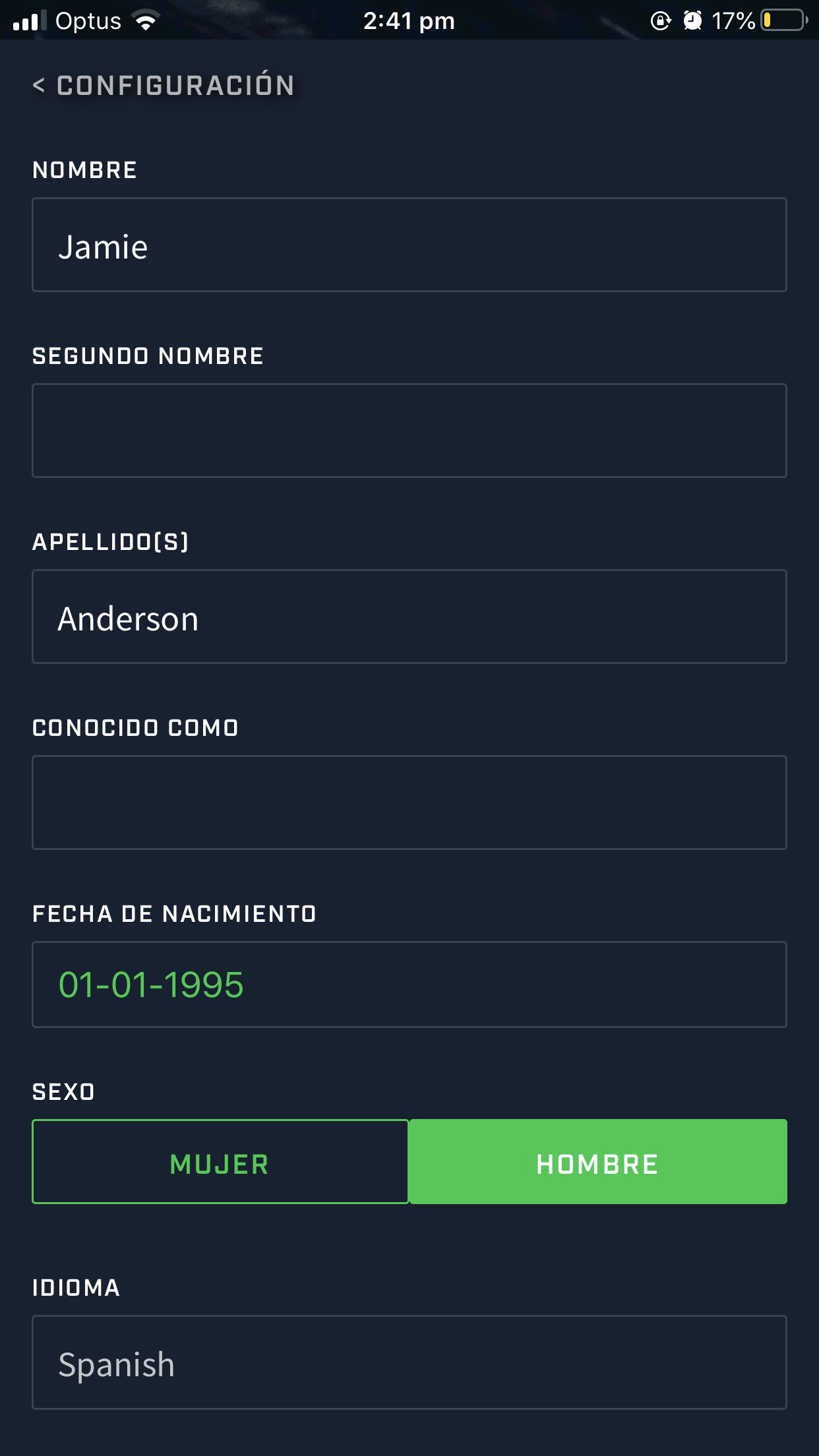 A screenshot from the Athlete app account page using Spanish language translation