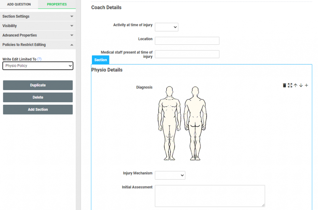 A screenshot showing an example of a restriction policy selected in the section properties of an event form