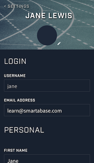 A screenshot from the Smartabase Athlete app showing an example of the account screen when no profile picture has been added