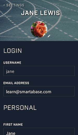 A screenshot from the Smartabase Athlete app showing an example of the account screen when a profile picture has been added