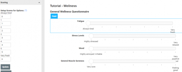 A screenshot of slider fields in an event form to record wellness metrics