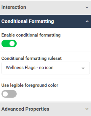 A screenshot of conditional formatting enabled on a widget using a wellness flags ruleset