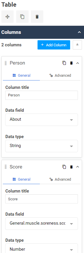 A screenshot of the settings for a dashboard table to display general muscle soreness scores