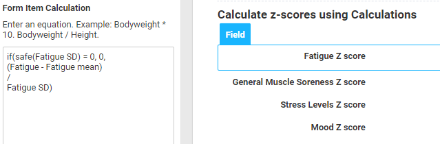 A screenshot of the calculation used for fatigue z score