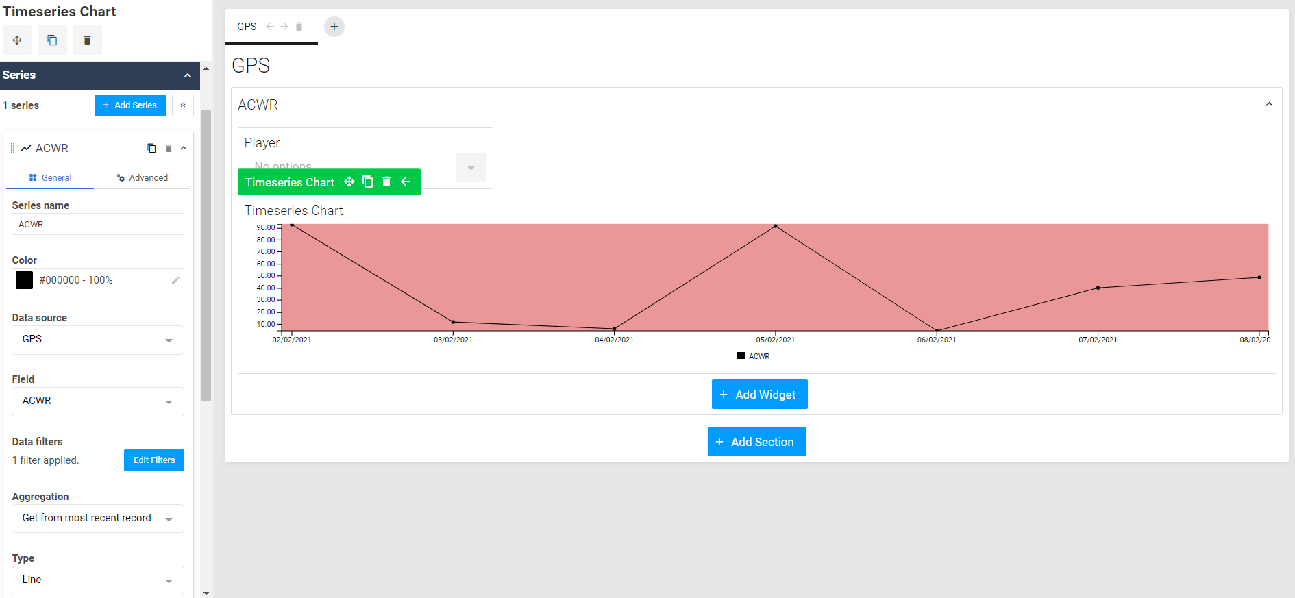 A screenshot from the dashboard builder of a time series chart widget