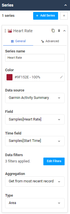 An example screenshot showing the general series settings for displaying nested CSV heart rate data on a time series chart.