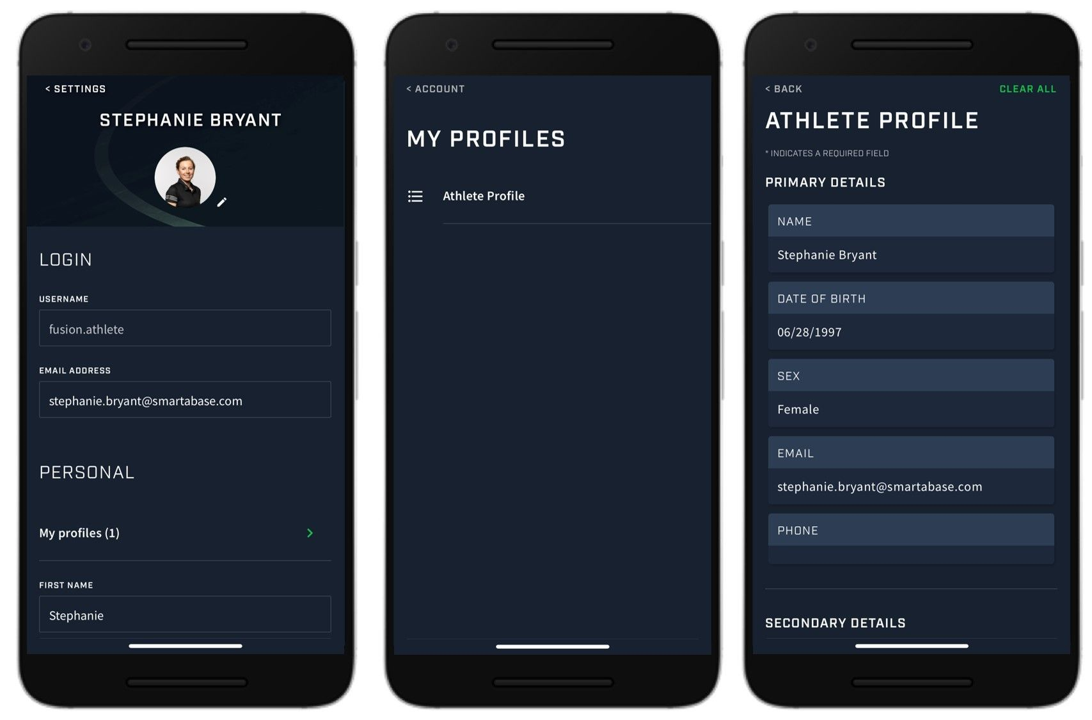Three screenshots of the profile module for an athlete on the Athlete app