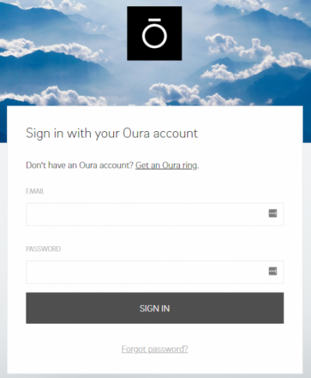 A screenshot showing the Oura sign in page used to authorise Oura Ring data.