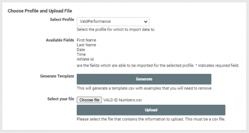 A screenshot of the VALDPerformance profile form data import page.