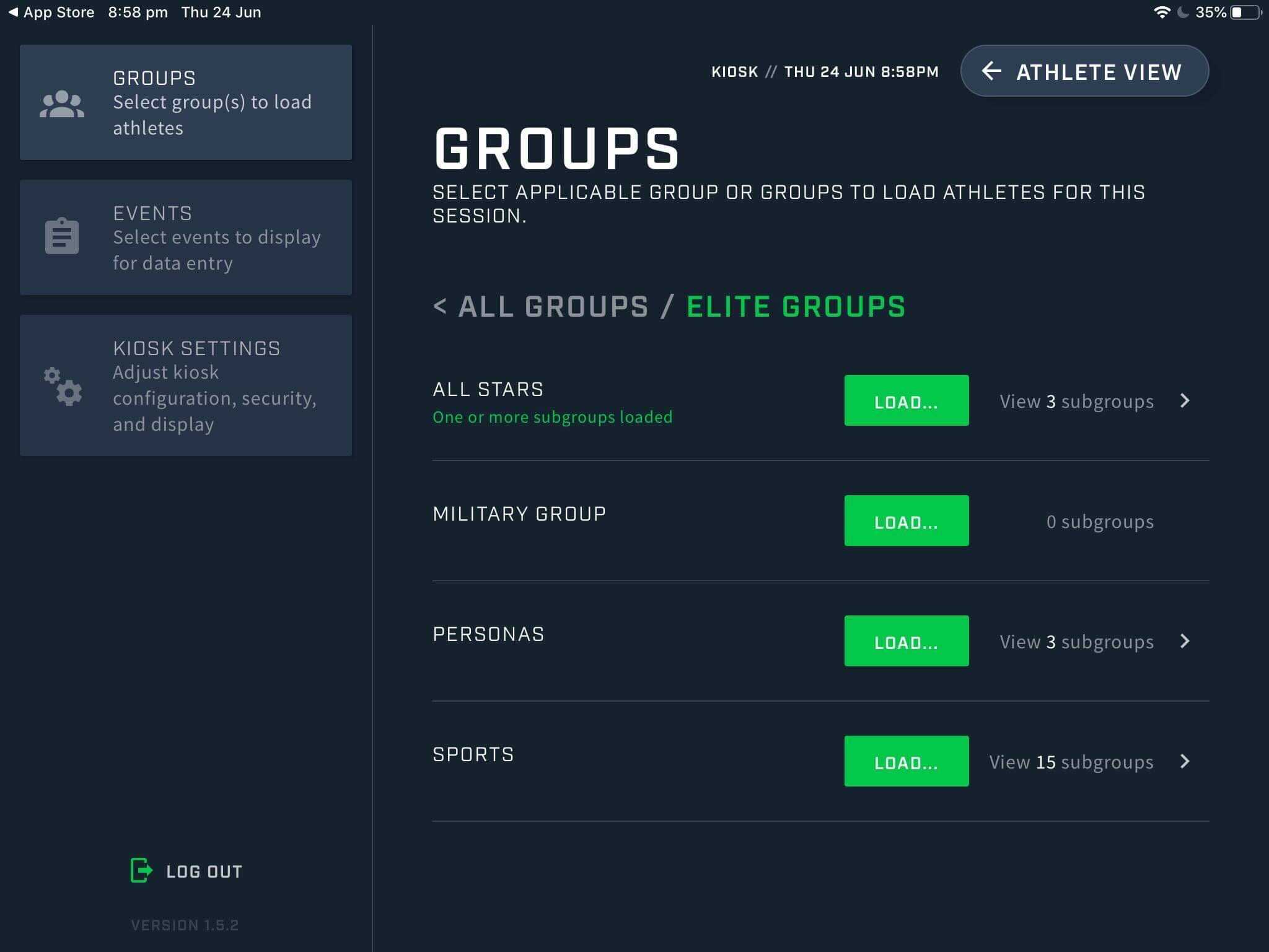 A screenshot of the Groups page on the Kiosk app