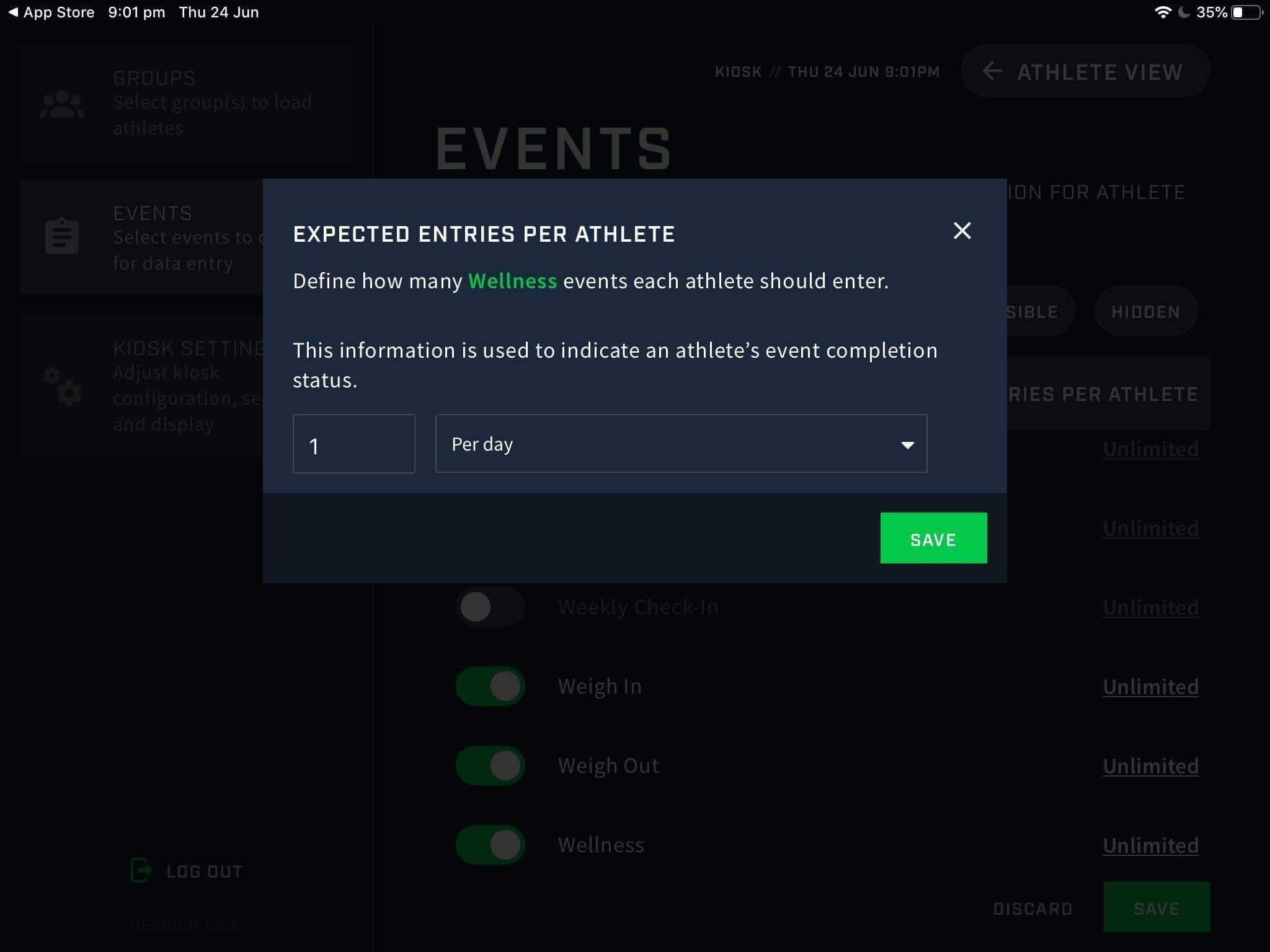 A screenshot of the Kiosk app where you can set the expected numbers of entries by people