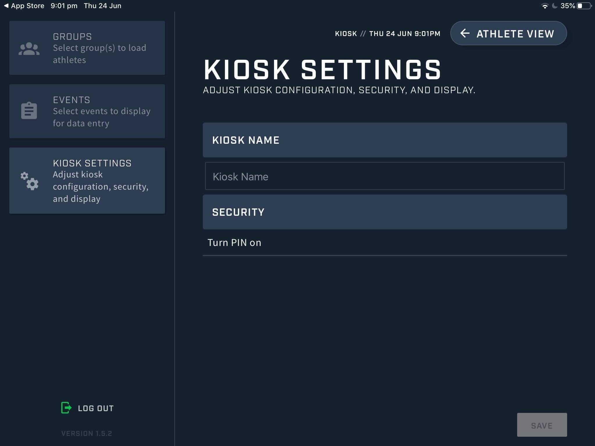 A screenshot of the Settings page on the Kiosk app