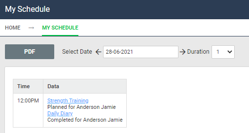 A screenshot of the schedule tool displaying two records for an athlete