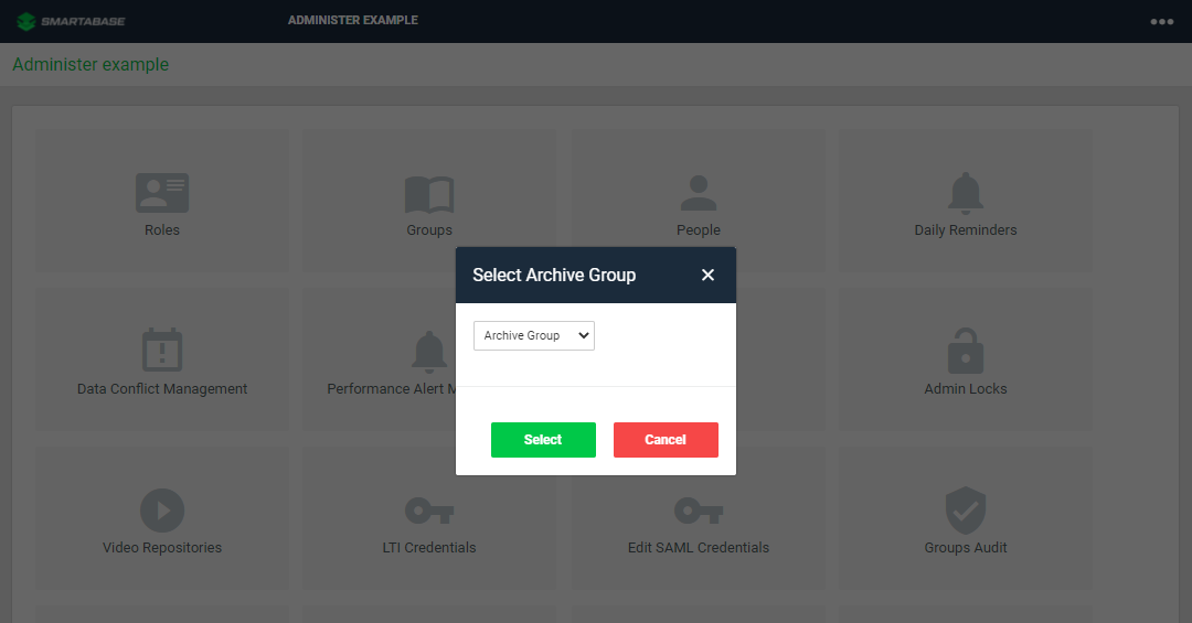 A screenshot of the first pop-up that appears when you select the archive athletes tool. The pop-up allows you to select the group that you'll be sending the athletes to.